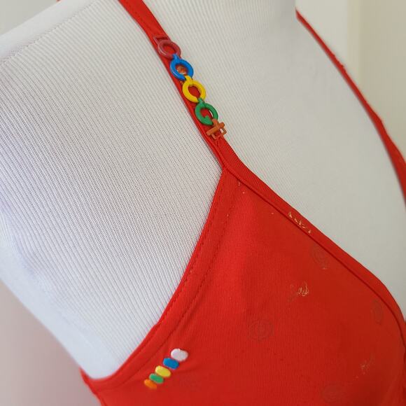 Coogi Maxi Dress Red Slinky Halter Neck Logo Spellout Gold Women - Picture 5 of 16